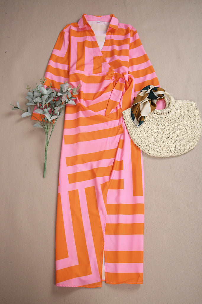 Orange Long Sleeve Print Midi Dress