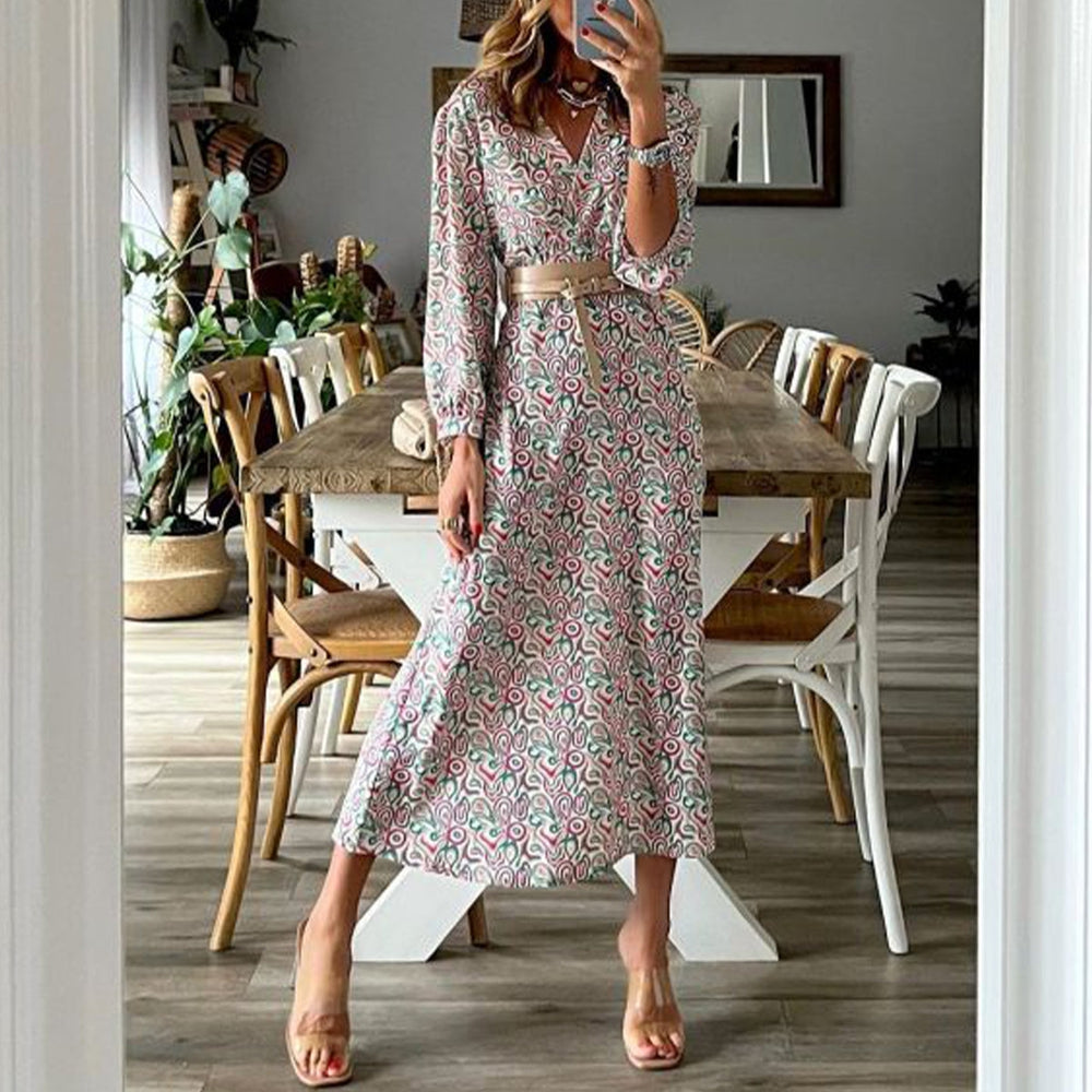 Vintage Long Sleeve V-Neck Print Maxi Dress