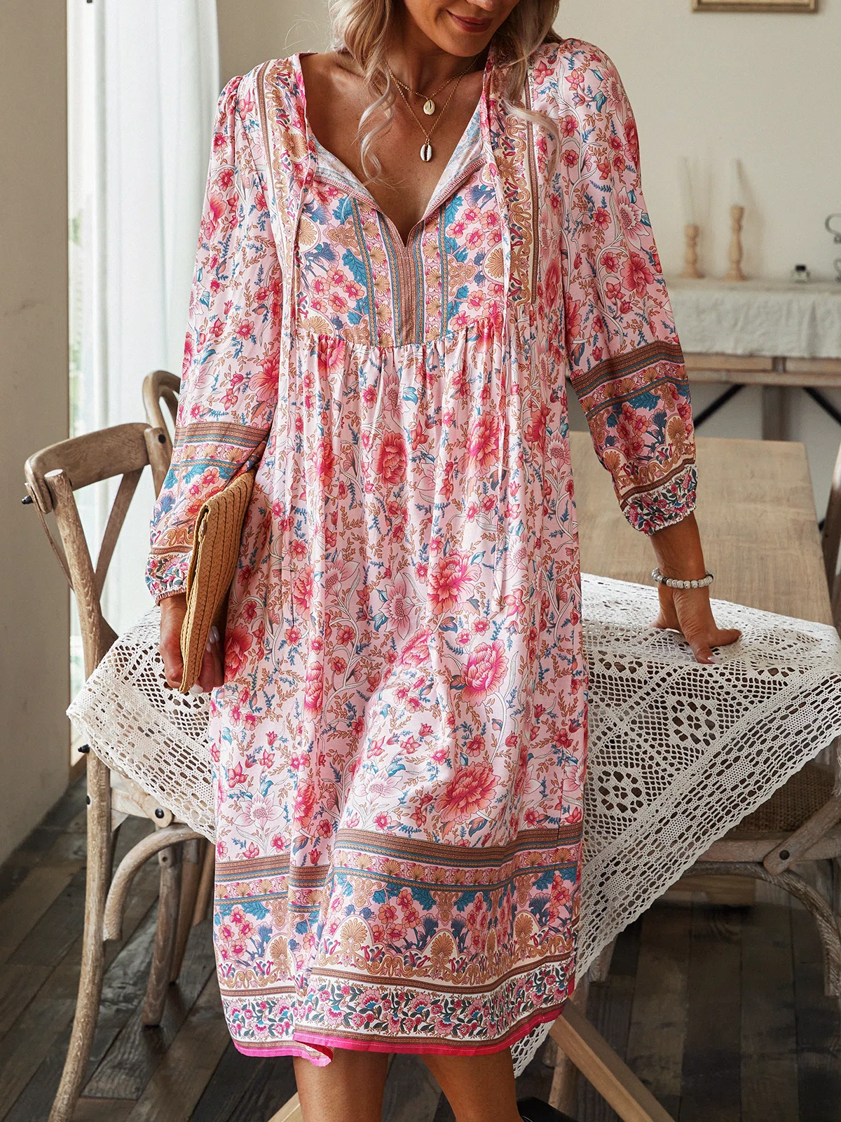 Loosen V Neck Boho Long sleeve Woven Dress