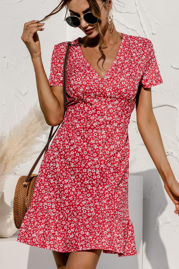 Floral Print High Waist Short Sleeve Mini Dress