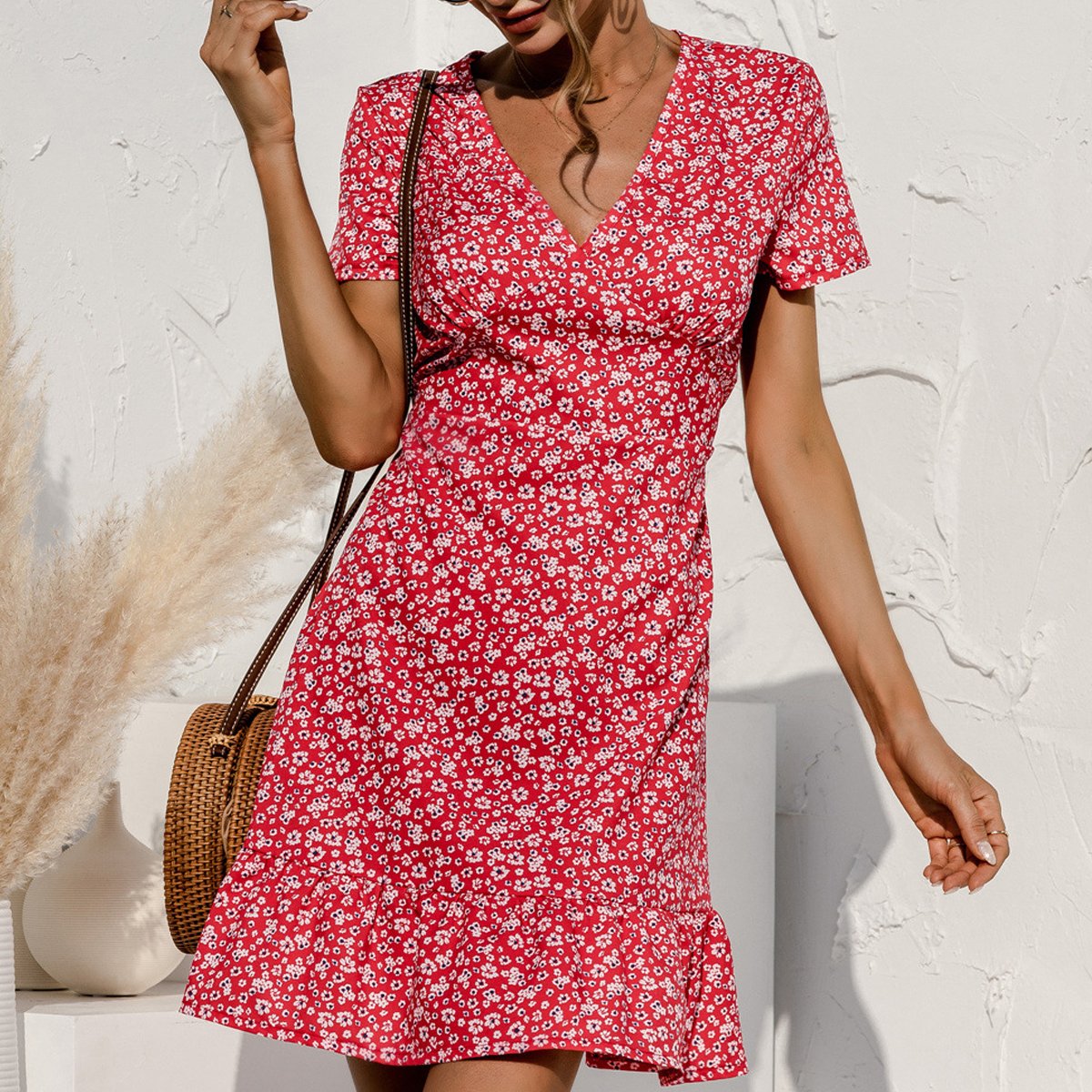 Floral Print High Waist Short Sleeve Mini Dress