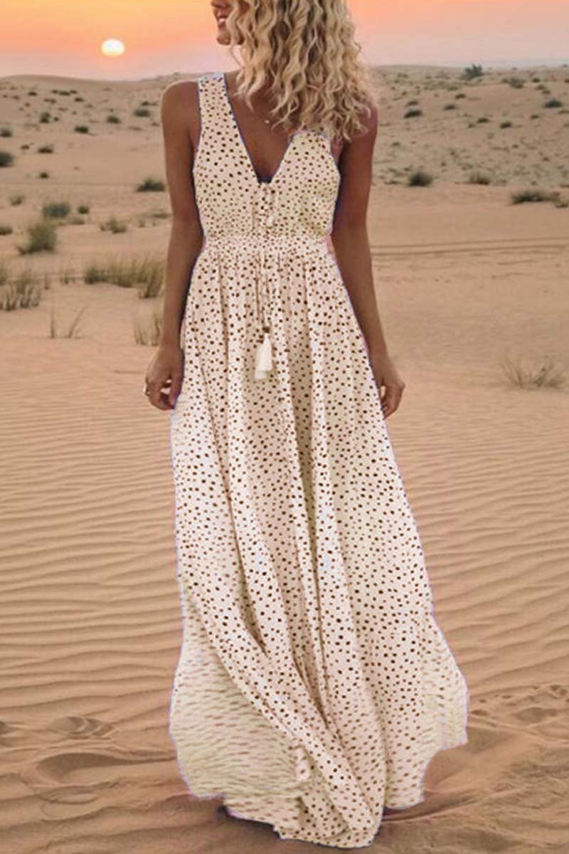 V Neck Dot Printed Floor Length Dress(3 Colors)