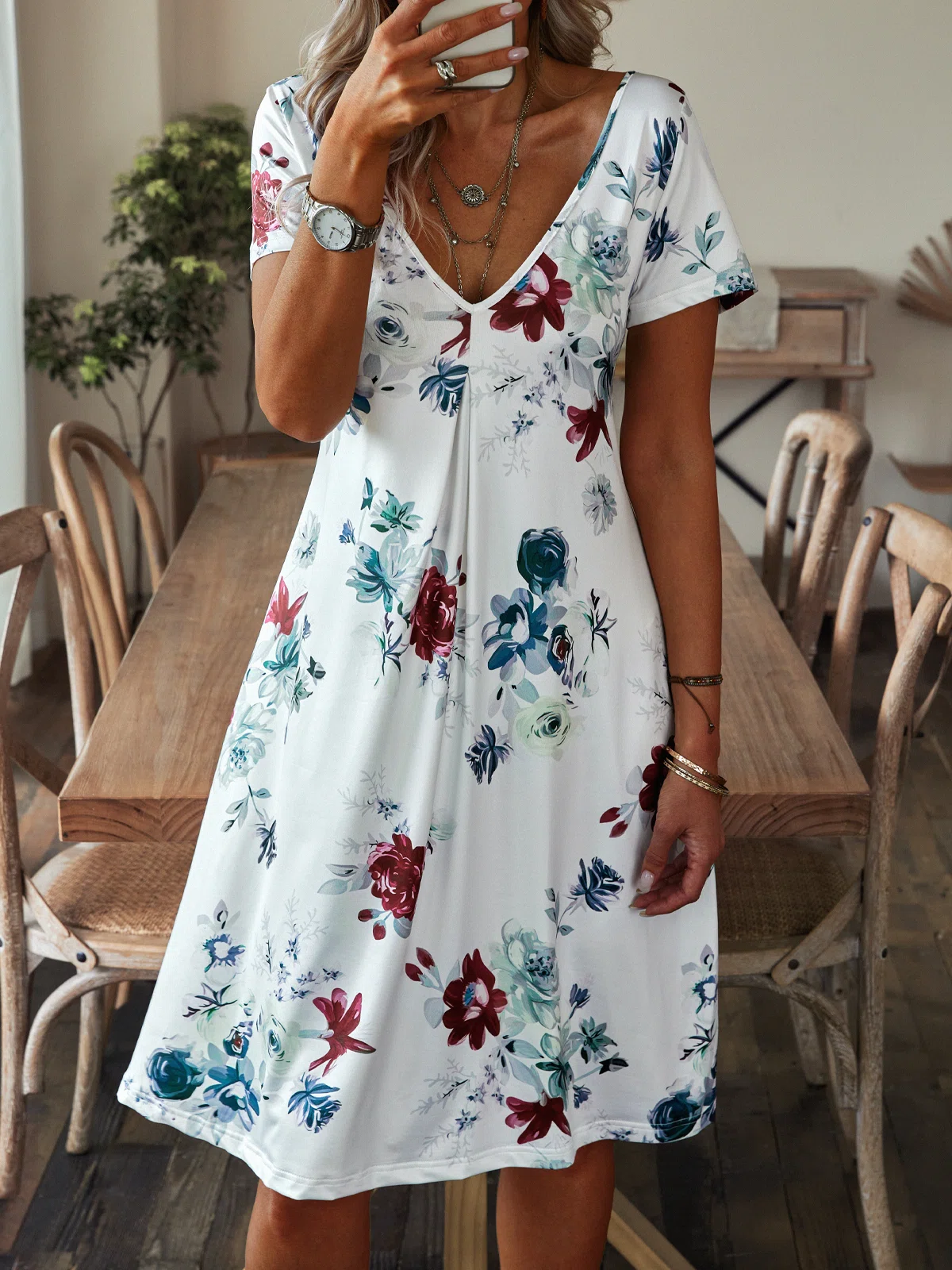 Boho Floral V neck Short Sleeve Knit Dress