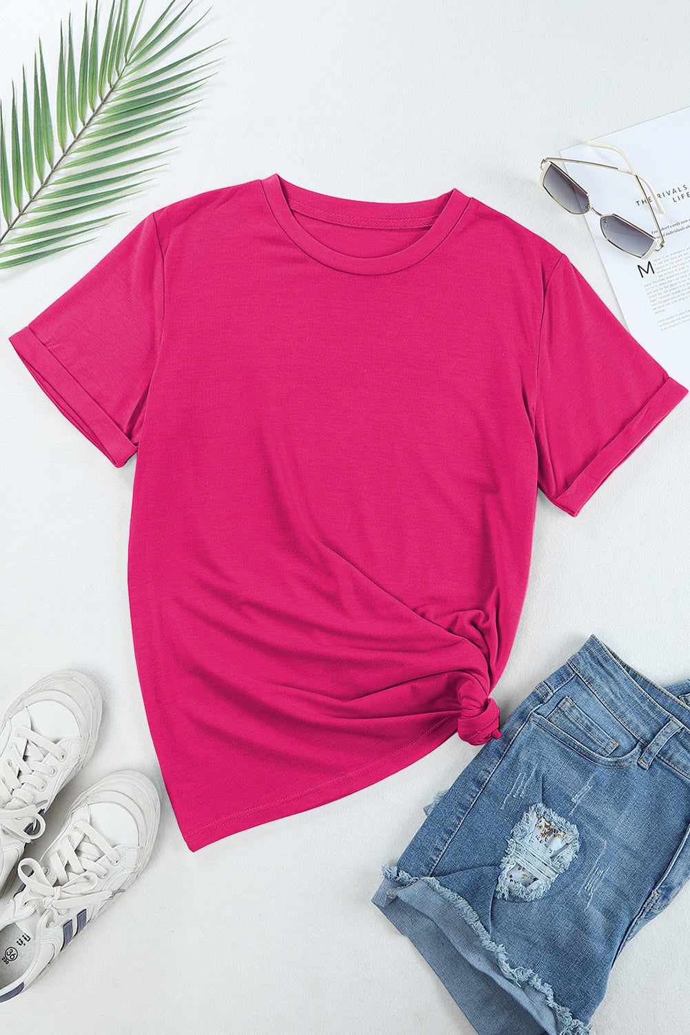 Blue Casual Plain Crew Neck Tee