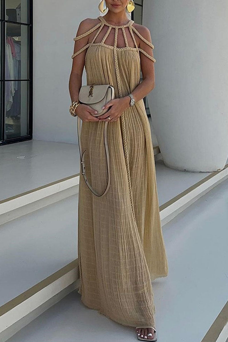 Modern and Sophisticated Linen Blend Draped Braids Cover Up Maxi Dress