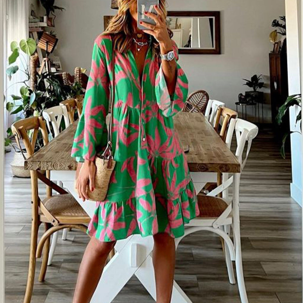 Green Print Long Sleeve V-Neck Mini Dress