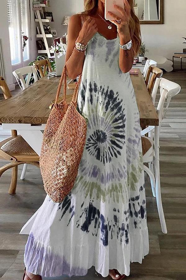 Tie-dye Sleeveless Flared Long Dress