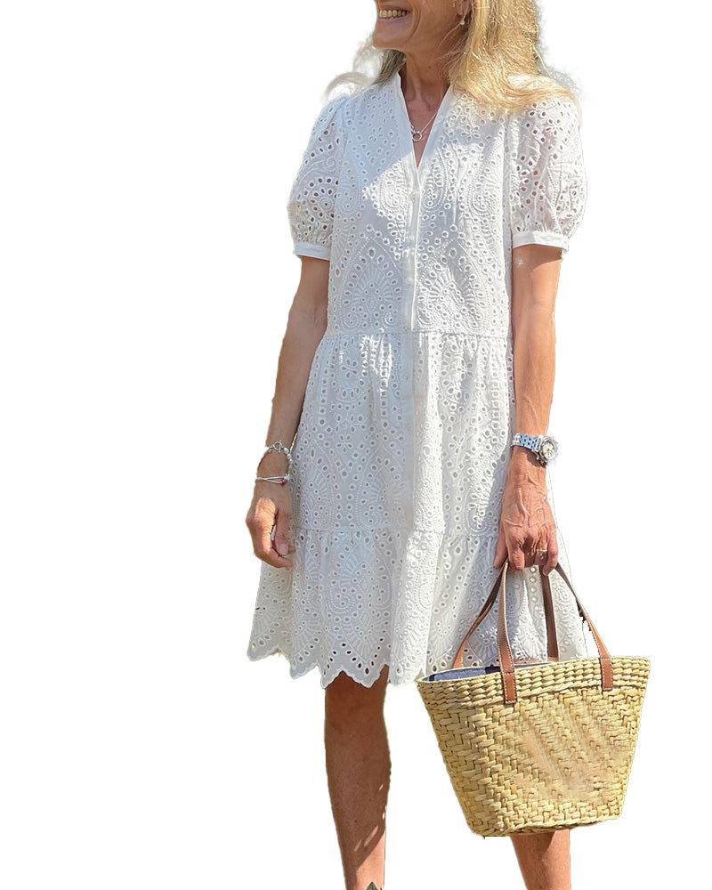 White Lace V Neck Dress