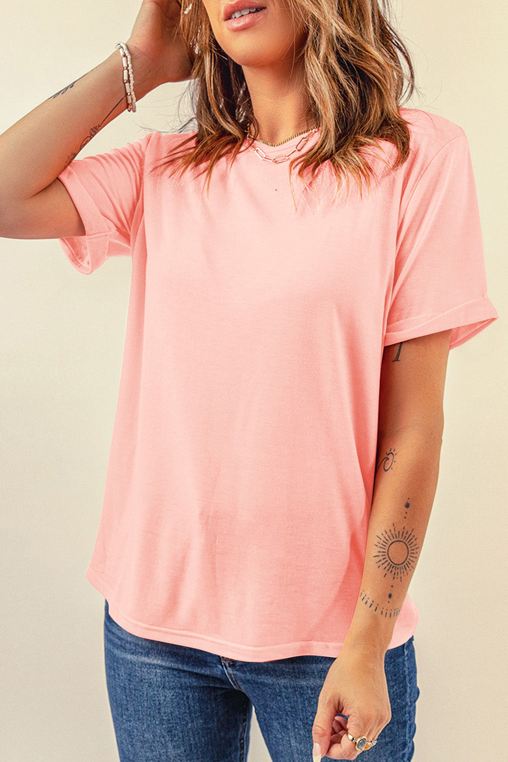 Blue Casual Plain Crew Neck Tee