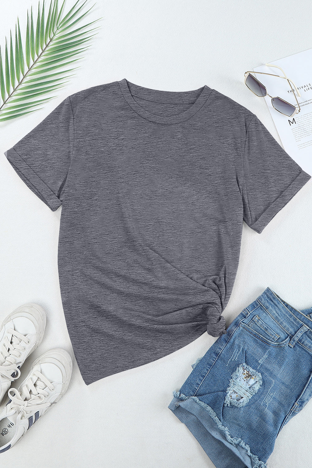 Blue Casual Plain Crew Neck Tee