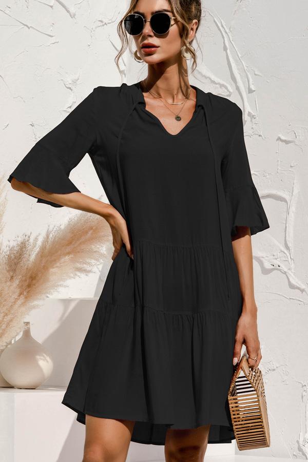 Solid Color High Waisted Flare Sleeve Casual Dress