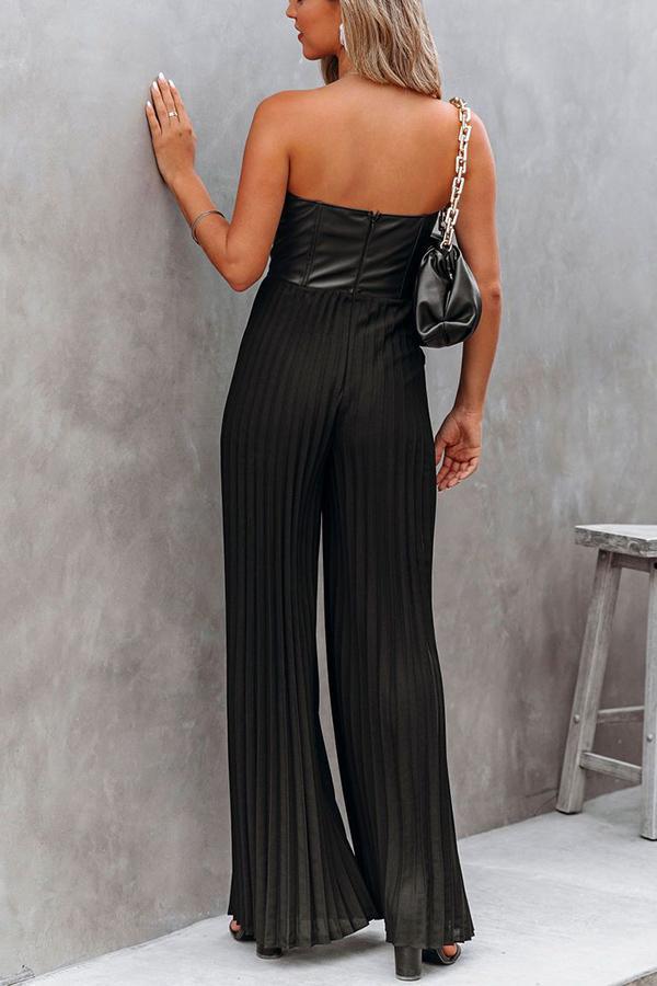 Strapless Faux Leather Pleated Jumpsuit