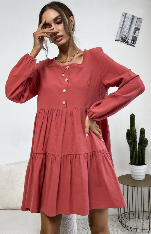 Women's Pleated Solid Color Round Neck Long Sleeve Cotton Linen Loose Dress