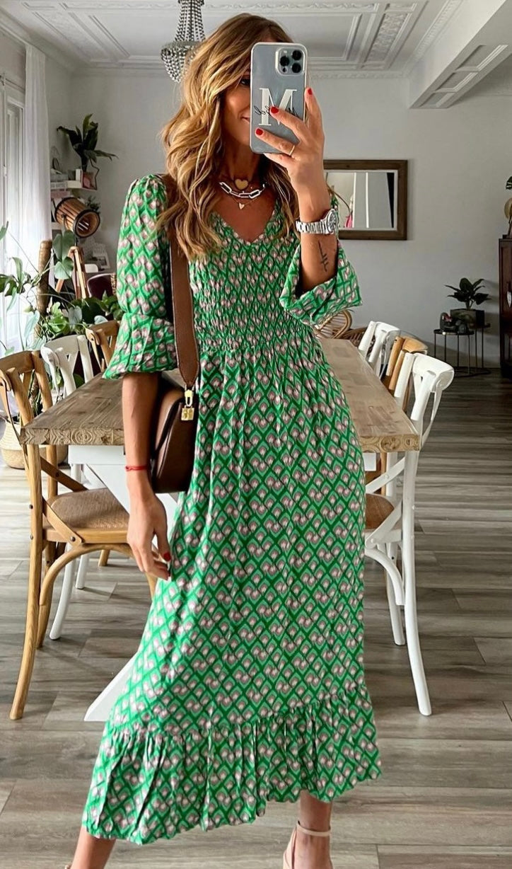 Groovy Print V-Neck Maxi Dress