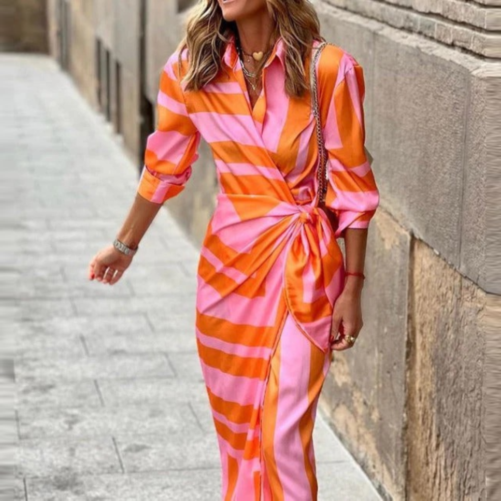 Orange Long Sleeve Print Midi Dress