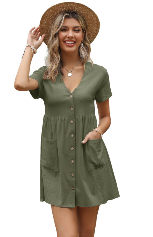 Women's Loose Shirt Dress V-Neck Short Sleeve Pleated Cotton Linen Dress