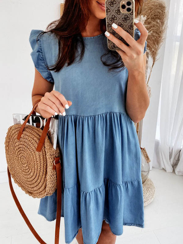 Blue Plain Round Neck Sleeveless Mini Dress