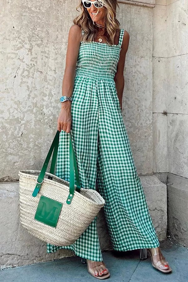 Envy Me Plaid Smocked Wide Leg Jumpsuit