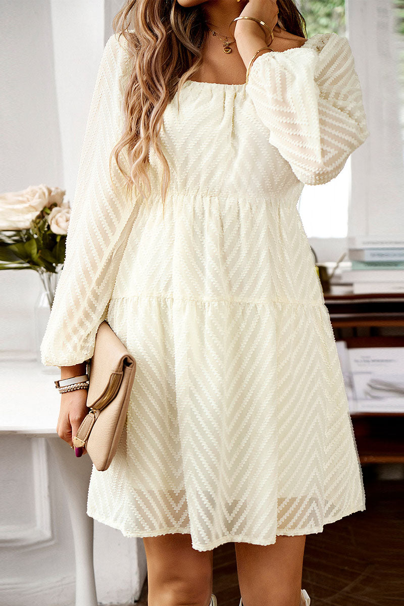 Square Neck Chiffon Jacquard  Long Sleeve Mini dress