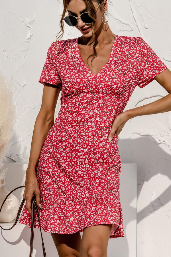 Floral Print High Waist Short Sleeve Mini Dress