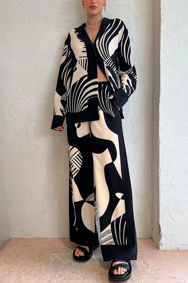 Graphic Printed Long Sleeve Blouse Shirt Wide Leg Pants 2 Pieces Set