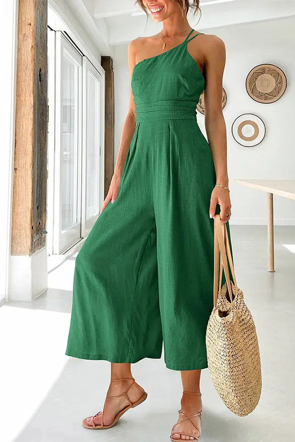 Sexy Sling Waist Pocket Straight Sleeveless Jumpsuit