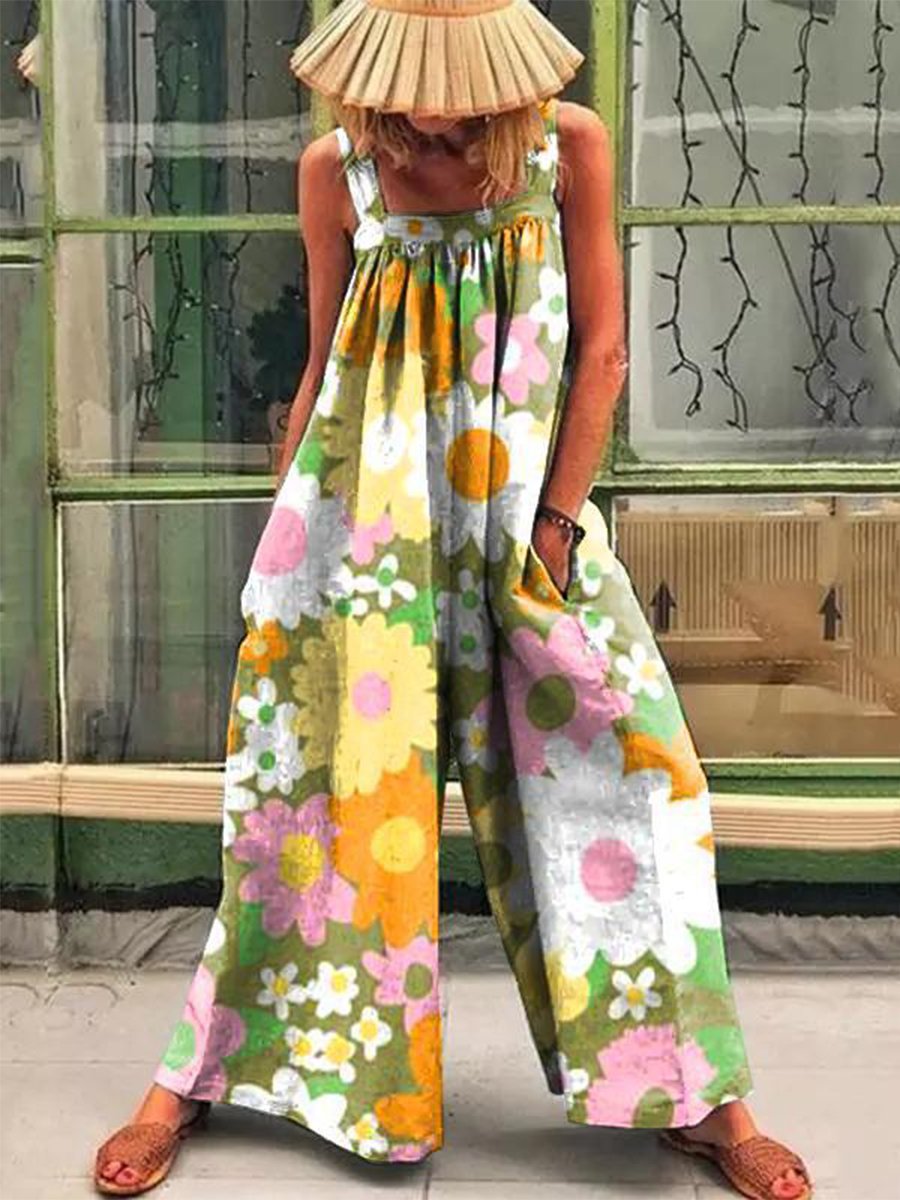 Loose Multicolor Sunny Flower Print Jumpsuit