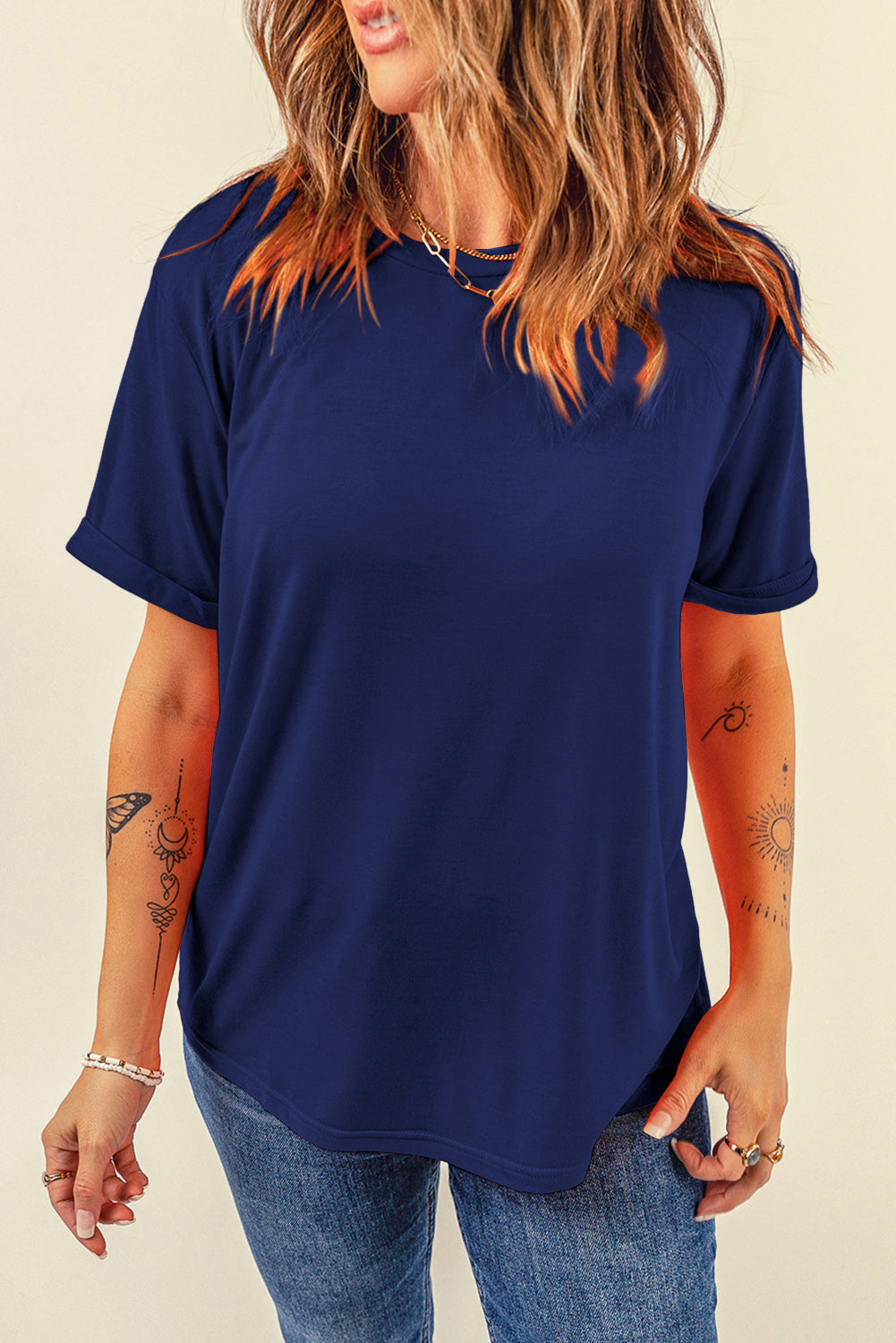 Blue Casual Plain Crew Neck Tee