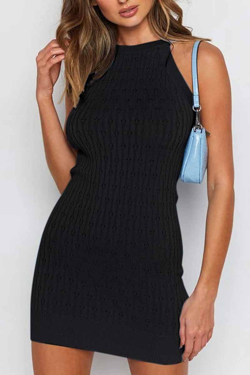 Florcoo Sexy Solid Color Sleeveless Striped Knitted Bag Hip Mini Dress(3 colors)