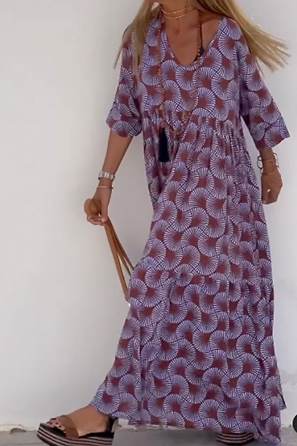 Ibiza Fashion Print Loose V Neck Long Sleeve Long Dress