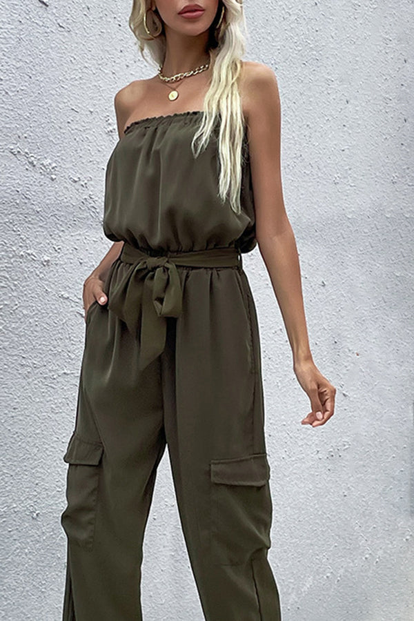 Summer off Shoulder Straight Long Jumpsuit with Belt