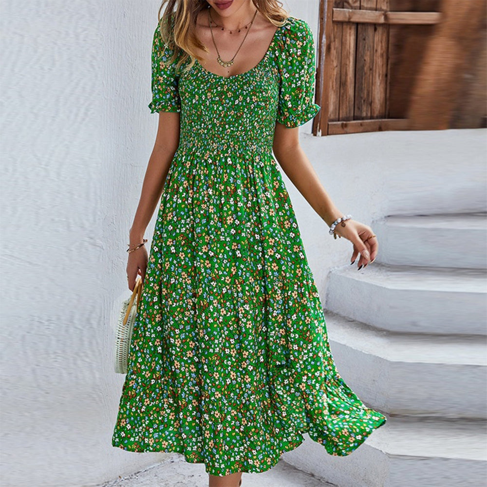 Temperament Print Green Scoop Neck Midi Dress