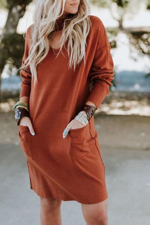 Long Sleeve Warm V-neck Loose Dress