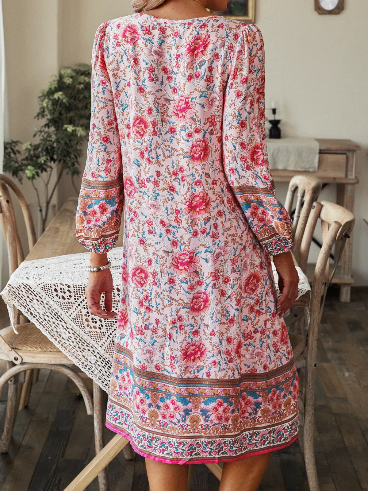 Loosen V Neck Boho Long sleeve Woven Dress