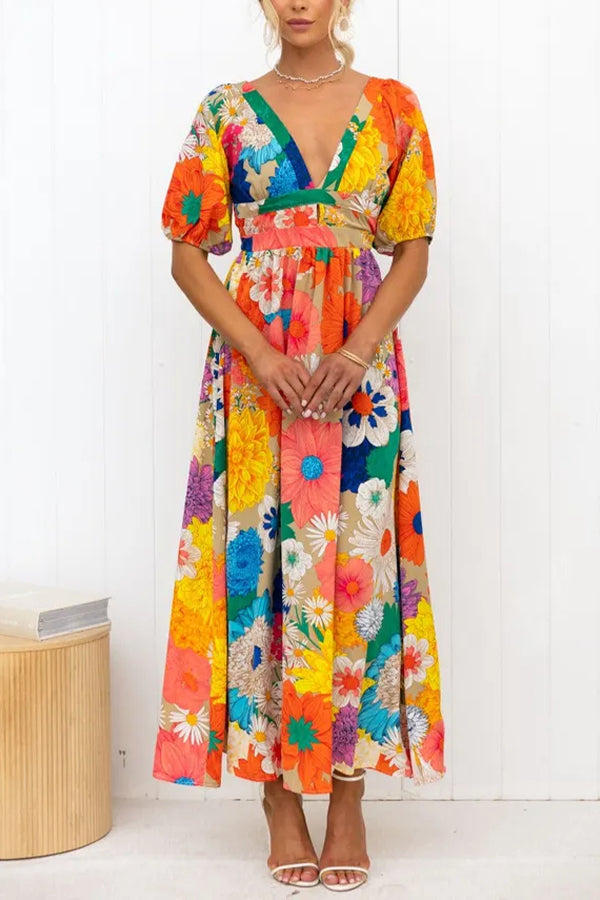 Floral Frenzy Printed Puff Sleeve Back Smocked Maxi Dress