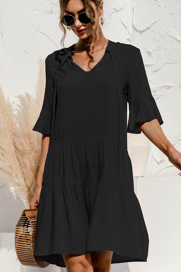 Solid Color High Waisted Flare Sleeve Casual Dress