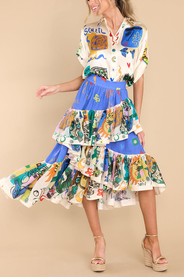 Sandy Sunshine Unique Print Irregular Ruffles Tiered Midi Skirt