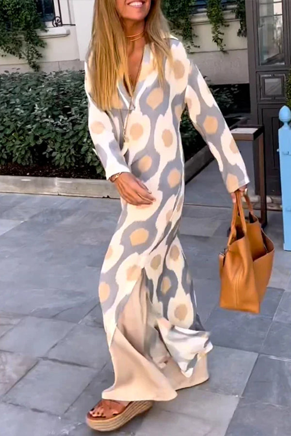 Long Sleeves Loose Printed V-Neck Maxi Dresses