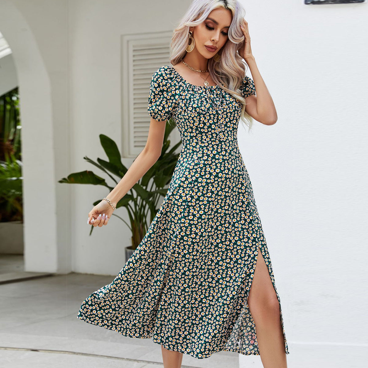 Floral Print Short Sleeve Midi Dress