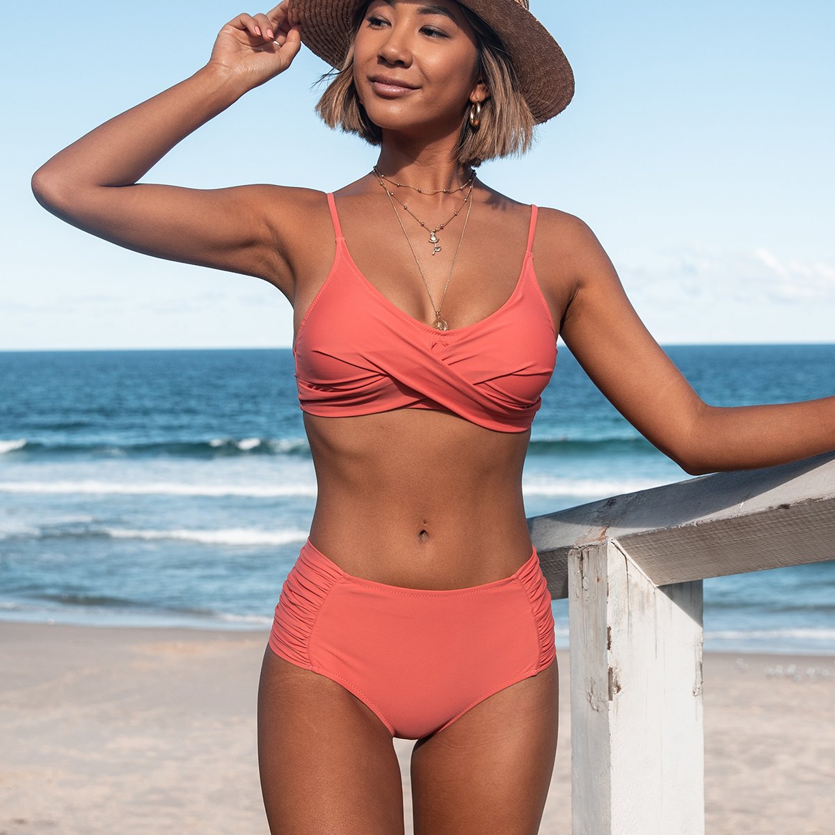 Solid Color Twist Front Ruched Side Bikini Set