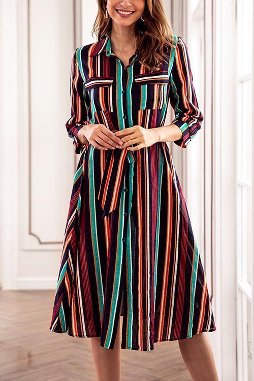 Colorful Striped Long Sleeve Shirt Dress