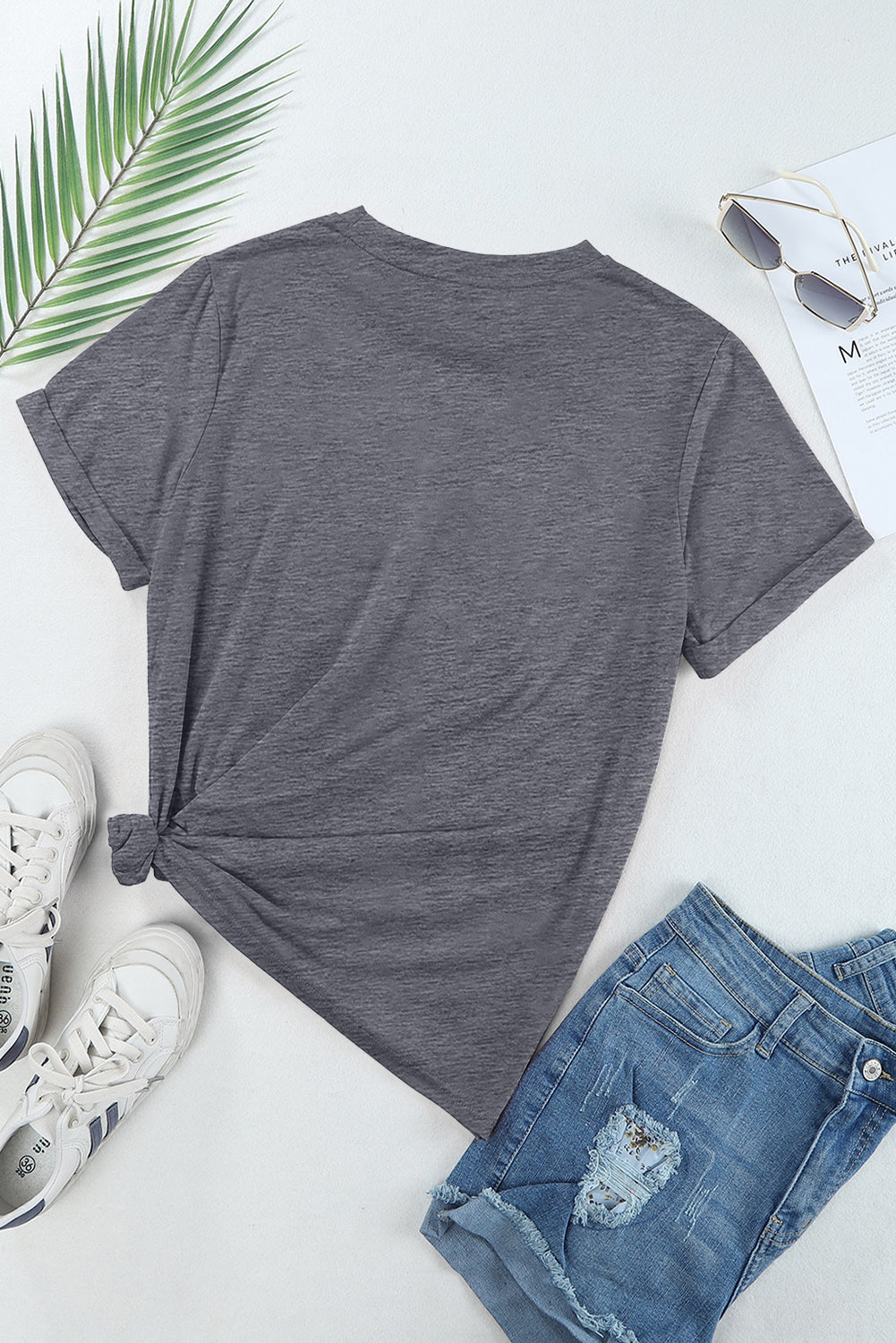 Blue Casual Plain Crew Neck Tee