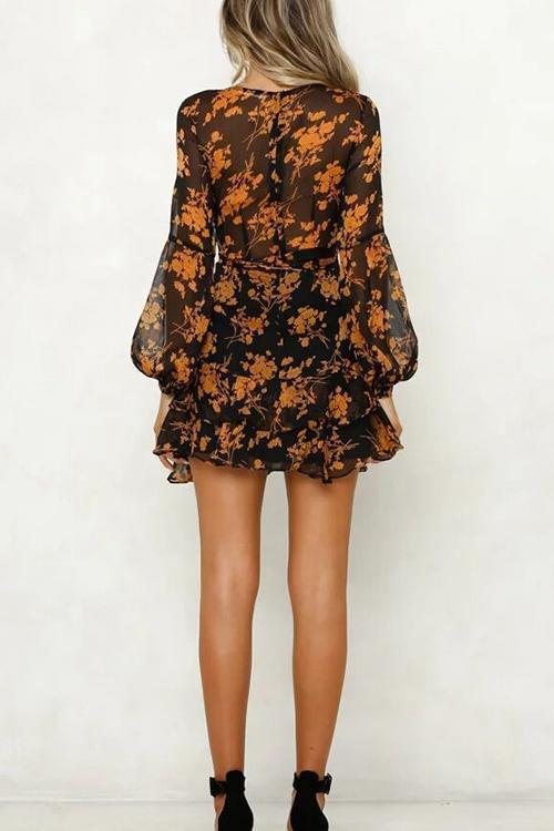 V-neck Printed Long-sleeved Dress