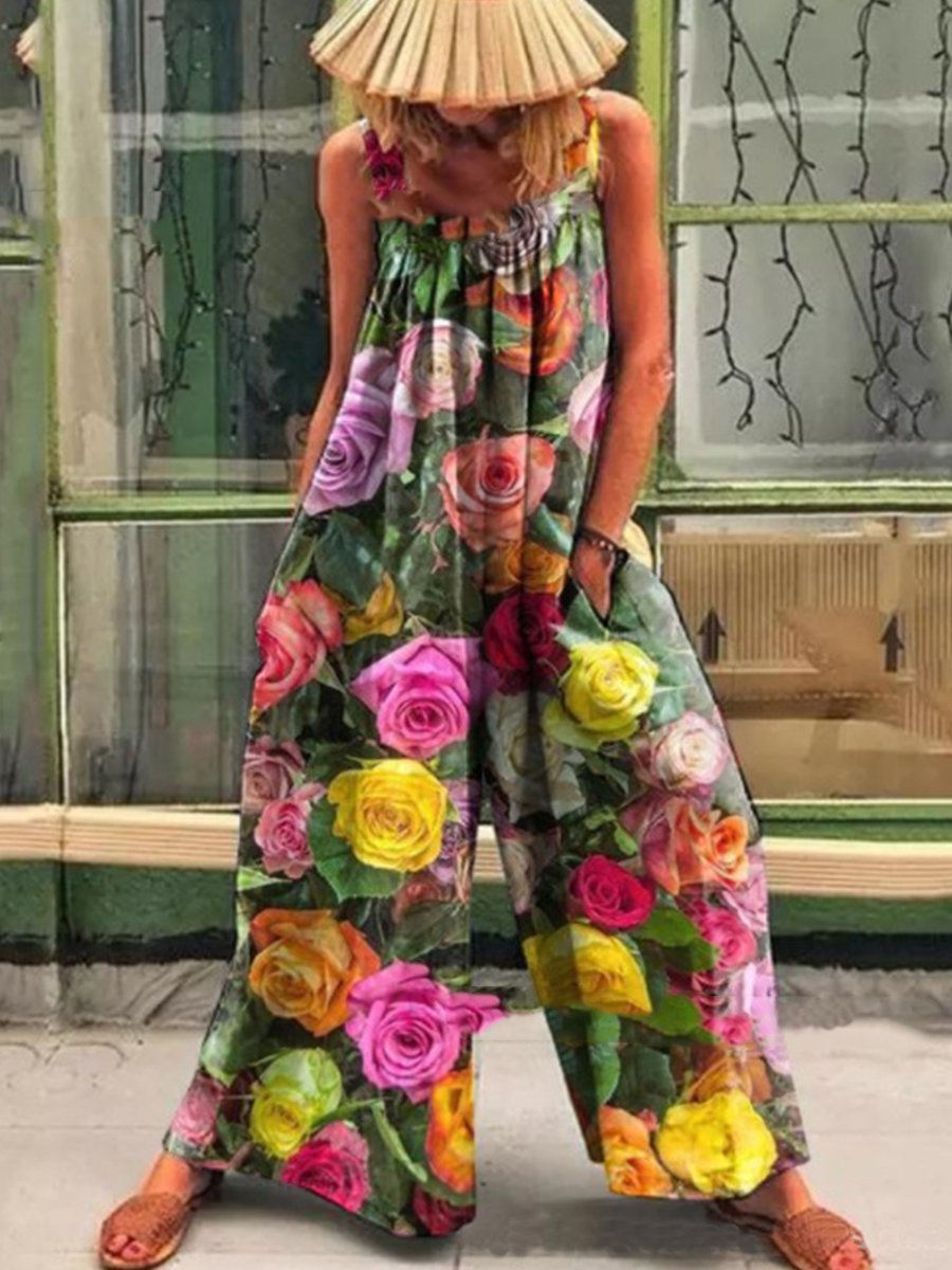 Loose Multicolor Sunny Flower Print Jumpsuit