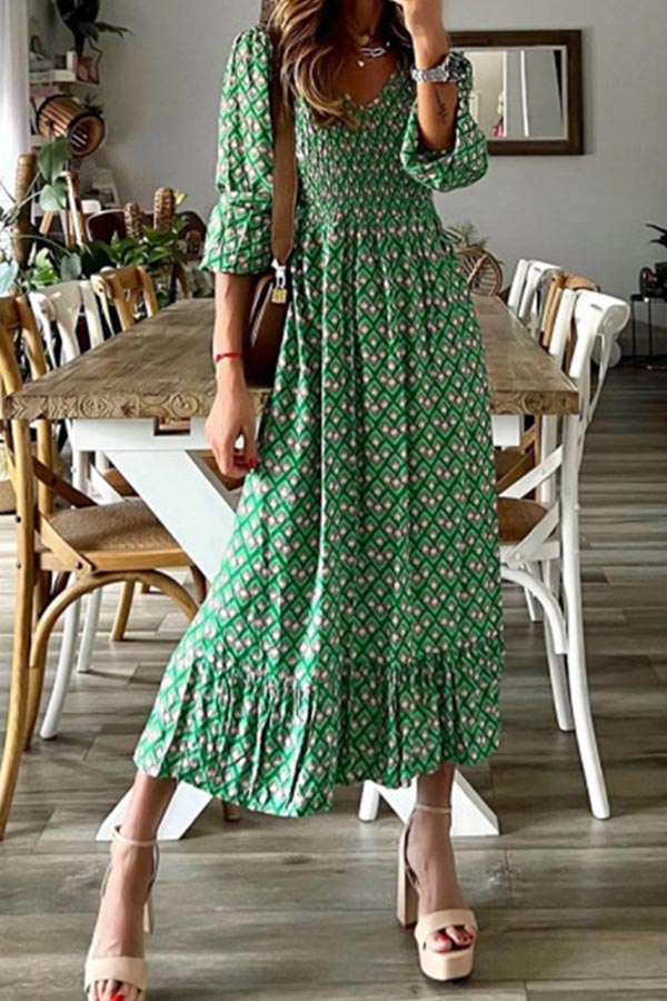 V-neck long skirt waist floral print large swing dress