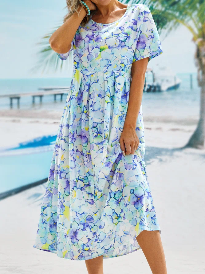 Floral Short Sleeve Woven Casual Loosen Crew Neck Midi Dress