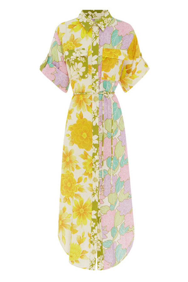 Travel Effortlessly Linen Blend Floral Patchwork Shirt Midi Dress