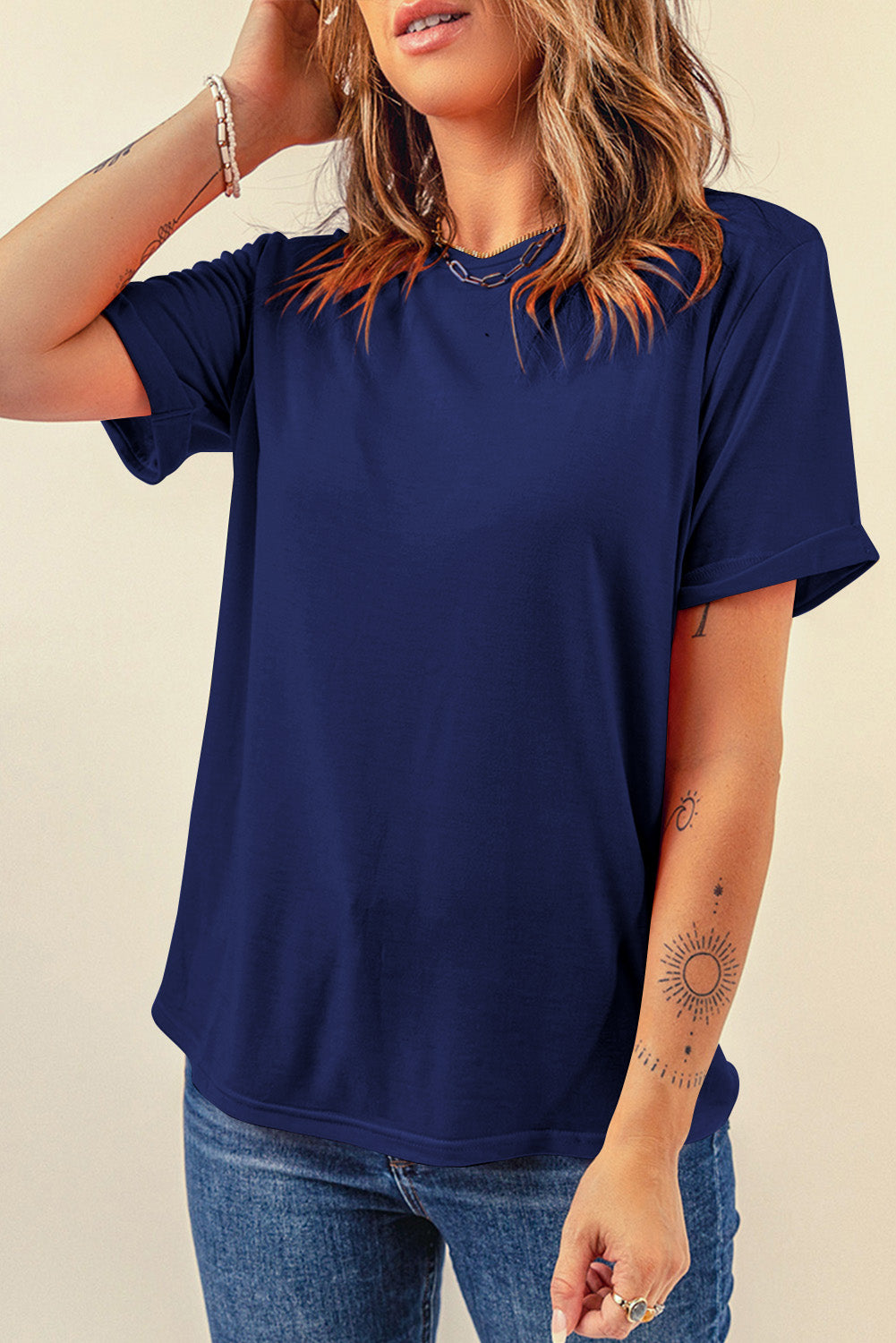 Blue Casual Plain Crew Neck Tee