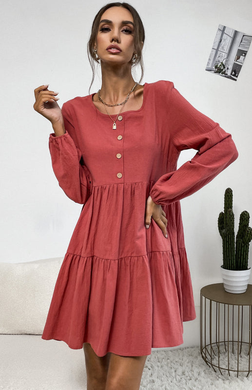 Women's Pleated Solid Color Round Neck Long Sleeve Cotton Linen Loose Dress