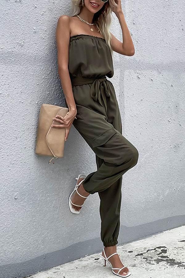 Summer off Shoulder Straight Long Jumpsuit with Belt